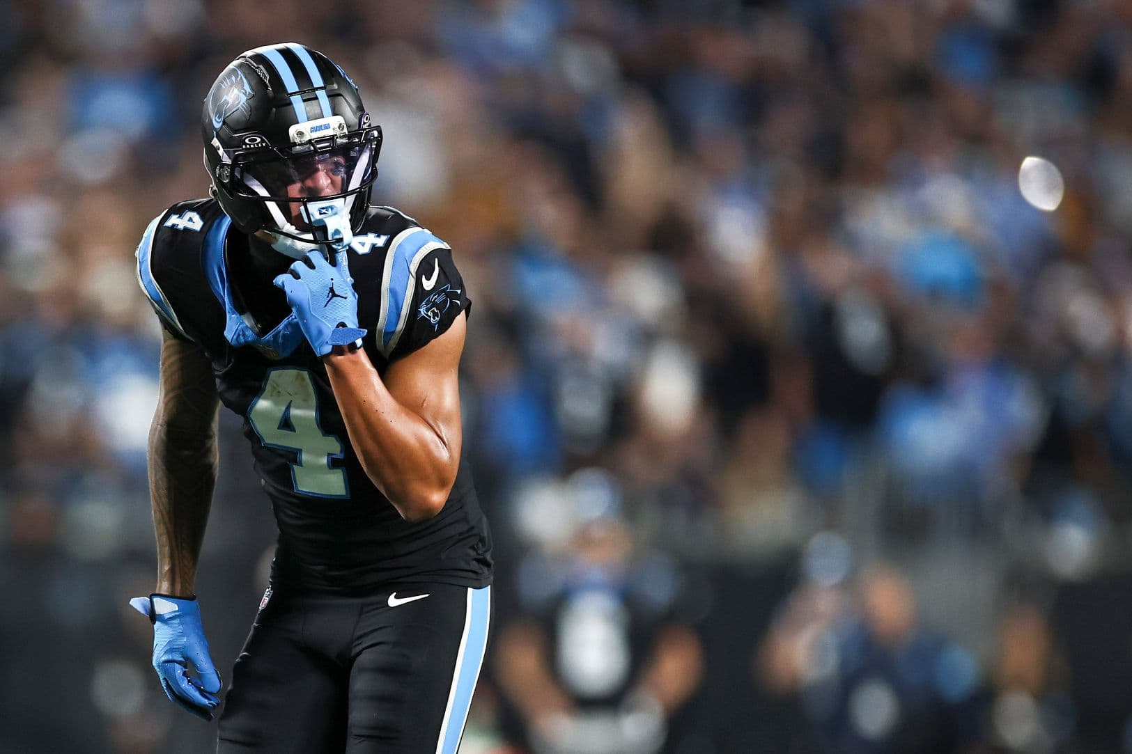 Tetairoa McMillan #4 of the Carolina Panthers readies at the line of scrimmage during the game against the Detroit Lions at Bank of America Stadium in Charlotte on Oct. 4, 2026. (Jared C. Tilton/Getty Images)