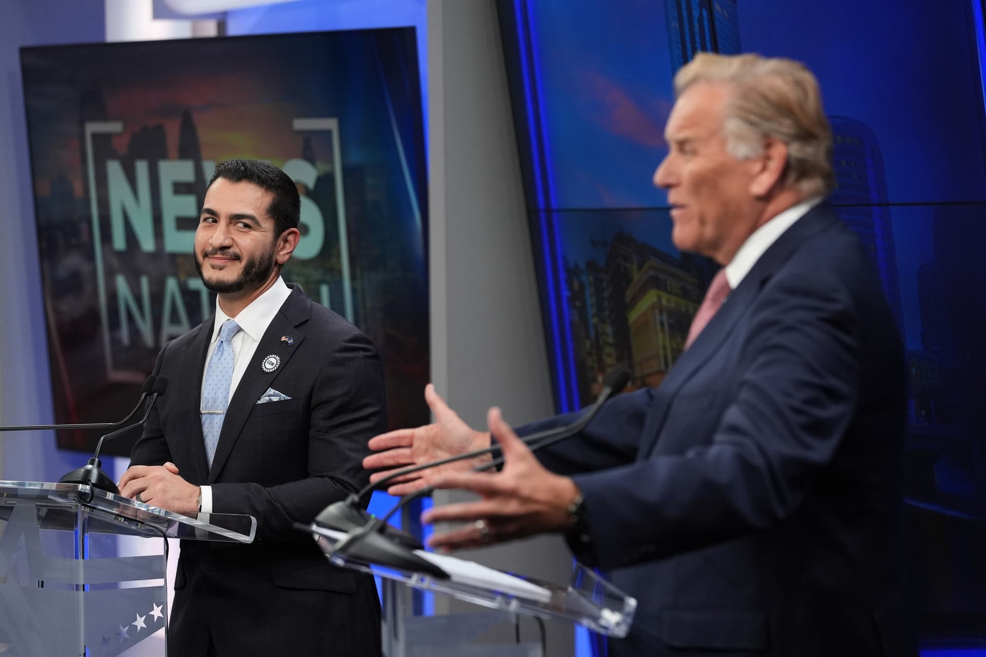 Republican nominee for U.S. Senate Mike Rogers (R) speaks during a televised debate with Democratic nominee for U.S. Senate Abdul El-Sayed at WOOD-TV, in Grand Rapids, Mich., on Oct. 8, 2026. (AP Photo/Paul Sancya, Pool)