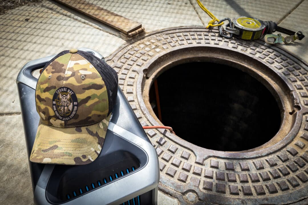 San Diego Sector Tunnel Team members work in a tunnel formerly used by drug cartels outside of San Diego on Sept. 17, 2026. (John Fredricks/The Epoch Times)