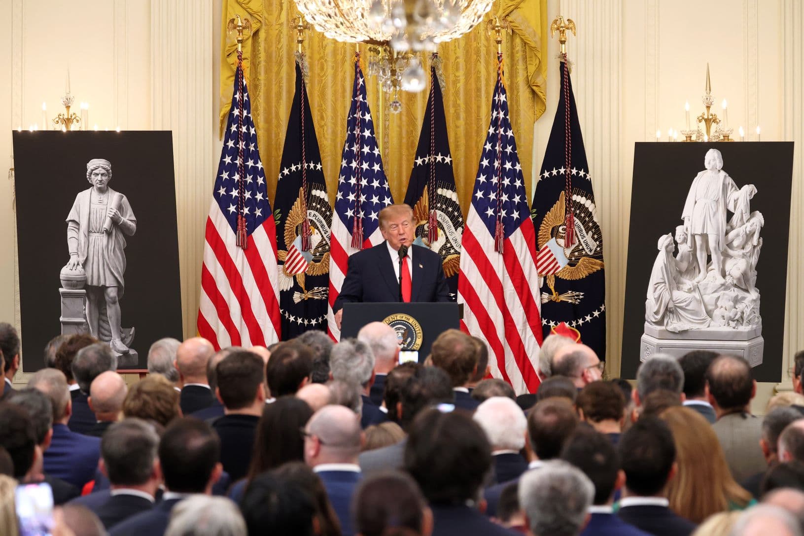 U.S. President Donald Trump delivers remarks during a Columbus Day event in the East Room of the White House in Washington on Oct. 9, 2026. The United States celebrates Columbus Day on Oct. 12. (Kevin Dietsch/Getty Images)
