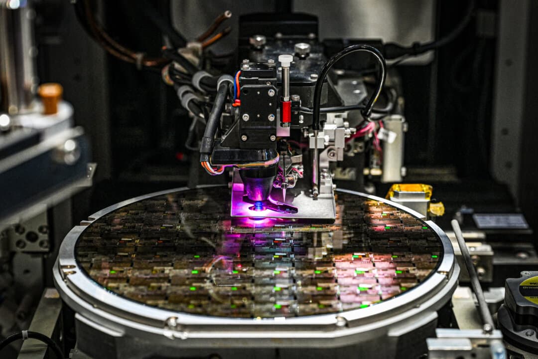 A wafer under process during the SEMICON China semiconductor exhibition in Shanghai on March 25, 2026. The recent expansion of the Pentagon's national security blacklist is part of a larger framework of restrictions surrounding advanced technology. (Jade Gao/AFP via Getty Images)
