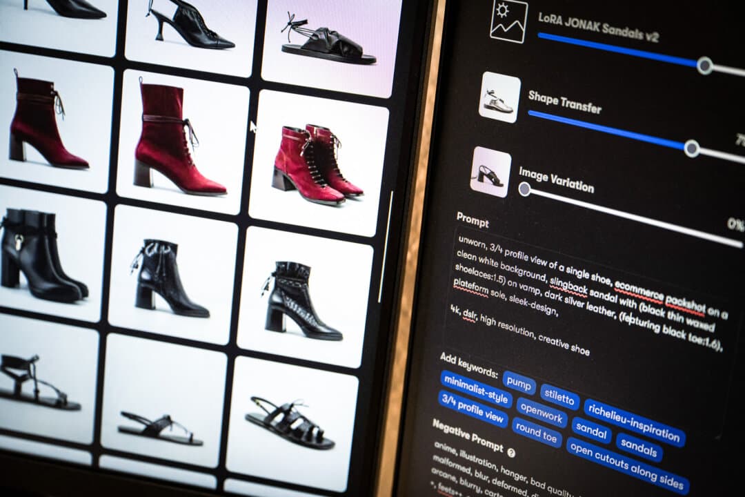 Prompt lines used by stylists and several shoe model results generated by artificial intelligence, on a screen at the offices of generative AI start-up Imki in Schiltigheim, France, on Feb. 26, 2025. The company specializes in custom generative AI solutions for the luxury, fashion, and culture industries. (Sebastien Bozon/AFP via Getty Images)
