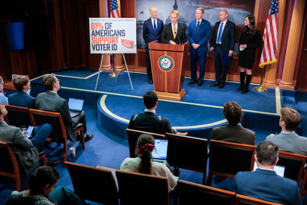 Sen. Rick Scott (R-Fla.), Sen. James Lankford (R-Okla.), Sen. Jon Husted (R-Ohio), Sen. Mike Lee (R-Utah), and Sen. Katie Britt (R-Ala.) hold a news conference about the SAVE America Act at the U.S. Capitol on March 19, 2026. The act would require proof of citizenship for voting in federal elections. (Chip Somodevilla/Getty Images)