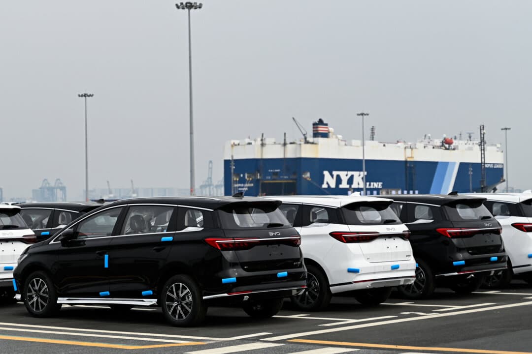 Vehicles made by Chinese EV manufacturer BYD, at the Port of Guangzhou, Guangdong Province, China, on Feb. 22, 2025. (Pedro Pardo/AFP via Getty Images)