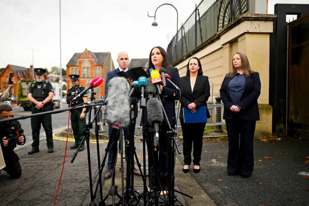 Detective Chief Inspector Leah Crothers speaks after former Democratic Unionist Party leader Sir Jeffrey Donaldson was sentenced to 15 years in prison for child sex offenses at Newry Courthouse, Ireland, on Oct. 15, 2026. (Charles McQuillan/Getty Images)