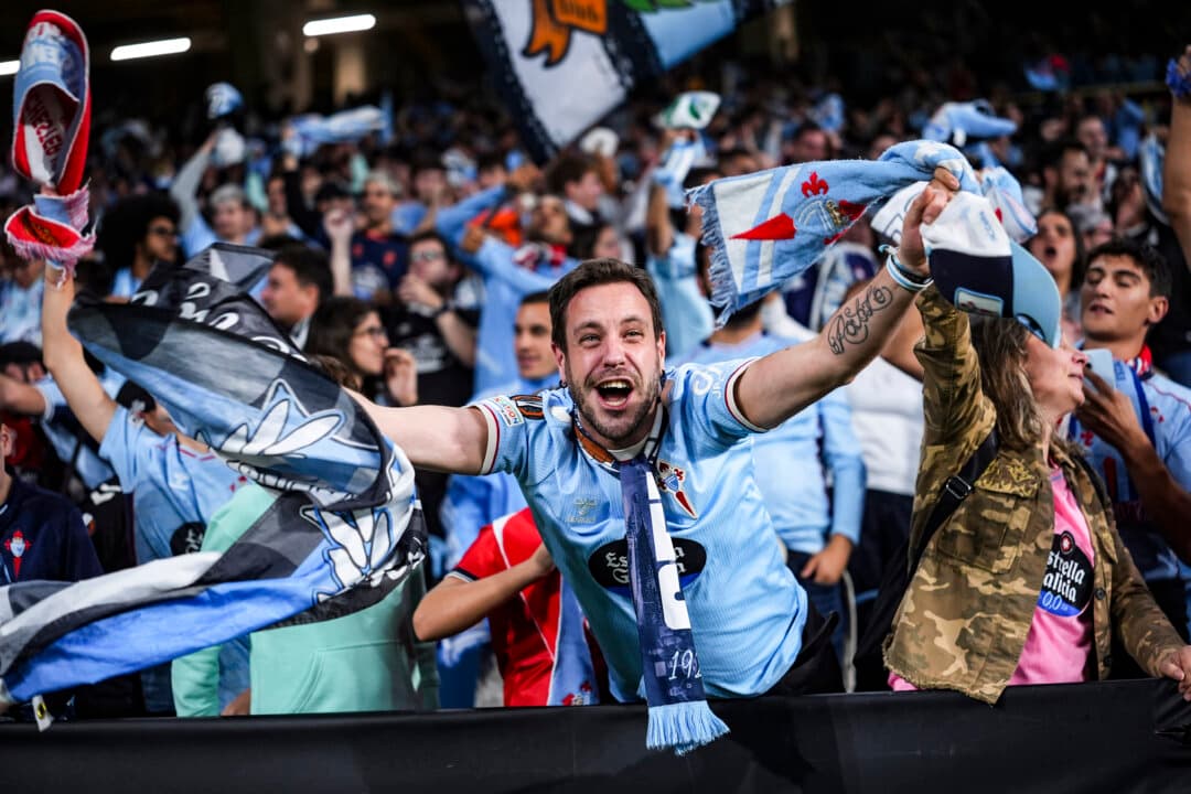 Celta de Vigo fans celebrate during the 2026/27 UEFA Europa League match against Juventus at Estadio Balaídos in Vigo, Spain, on Oct. 15, 2026. (Jose Manuel Alvarez Rey/Getty Images)