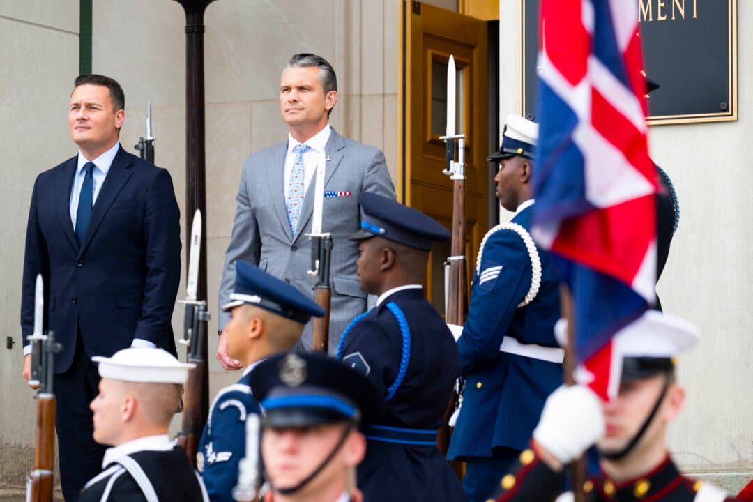 Secretary of War Pete Hegseth during a welcoming ceremony ahead of a meeting with UK Defense Secretary Wes Streeting (L) at the Pentagon in Washington on Oct. 15, 2026. (Saul Loeb/AFP via Getty Images)
