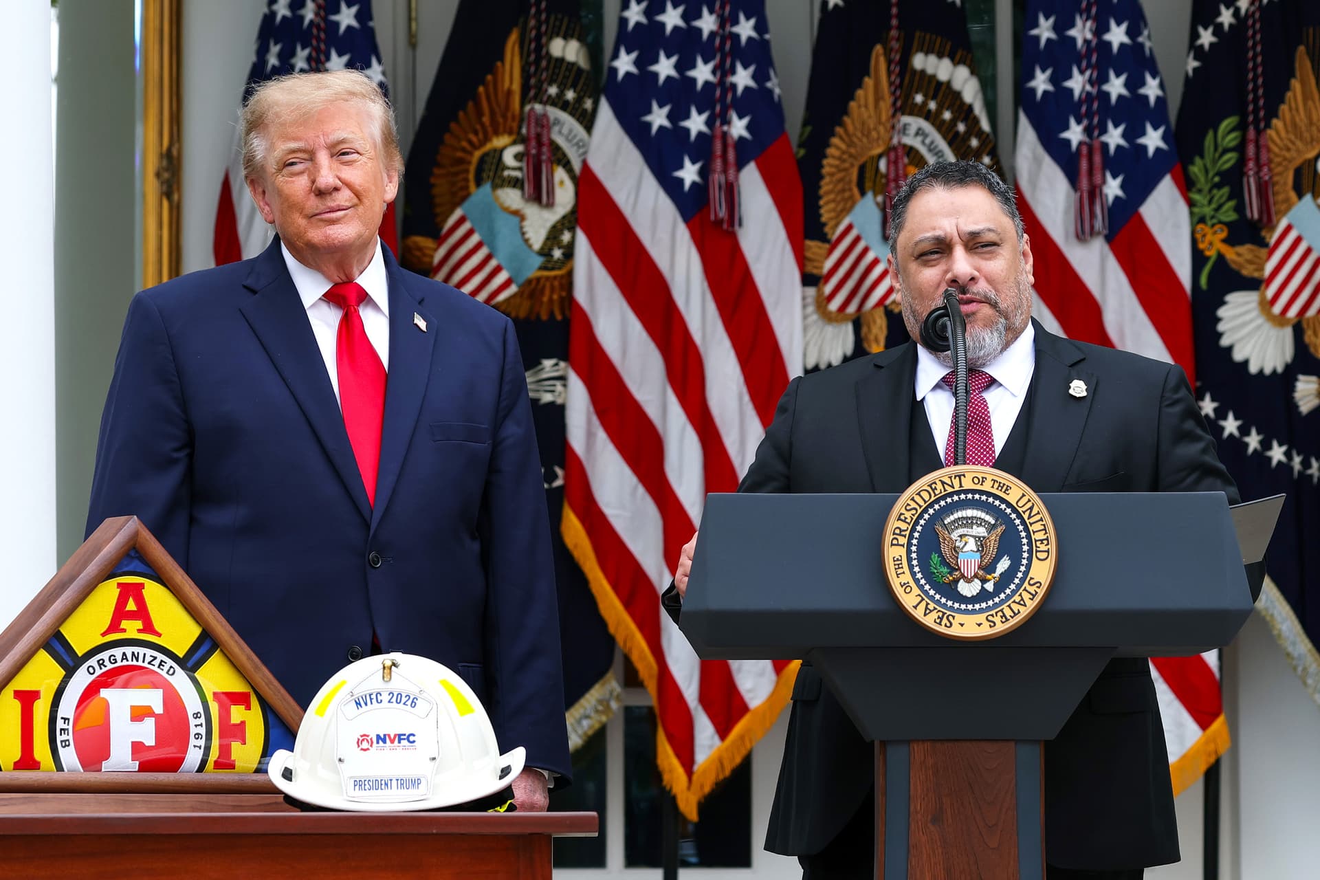 President Donald Trump listens as President of the National Border Patrol Council Paul Perez (R) speaks during a luncheon in the Rose Garden of the White House on Oct. 15, 2026. (Kevin Dietsch/Getty Images)