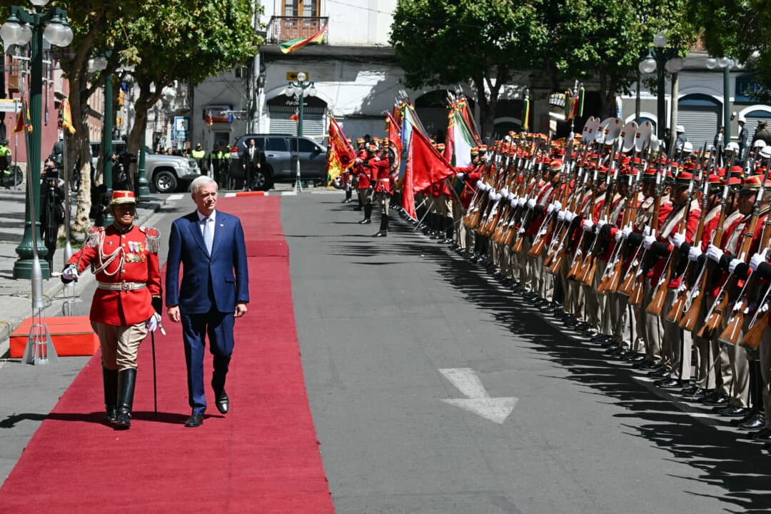 Chile's President Jose Antonio Kast reviews an honor guard during a welcome ceremony at Plaza Murillo in La Paz, Bolivia, on Oct. 16, 2026. (Aizar Raldes/AFP via Getty Images)