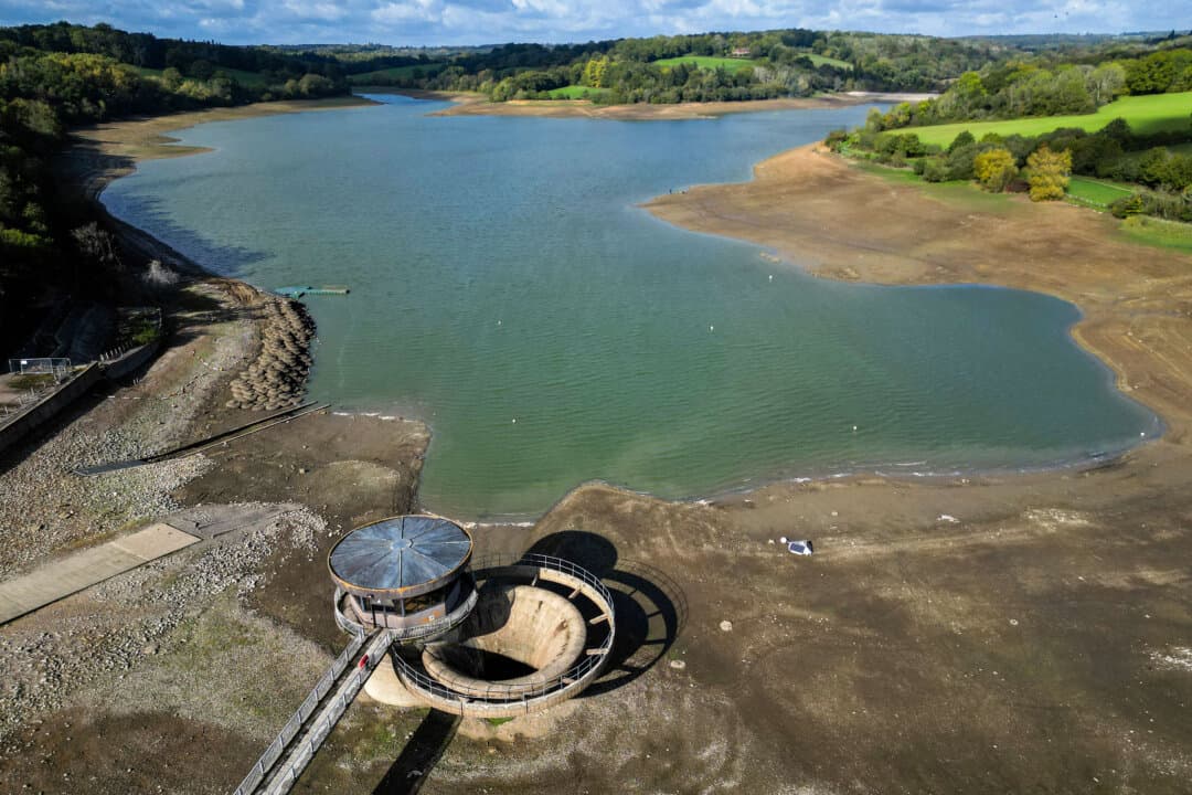 Water levels at Ardingly Reservoir in West Sussex, England, on Oct. 16, 2026. The reservoir, which supplies about 95,000 properties in the surrounding area, is at 19 percent capacity. The UK government declared a severe drought in parts of southern England after what it called an unprecedented period of extreme weather. (Ben Stansall/AFP via Getty Images)