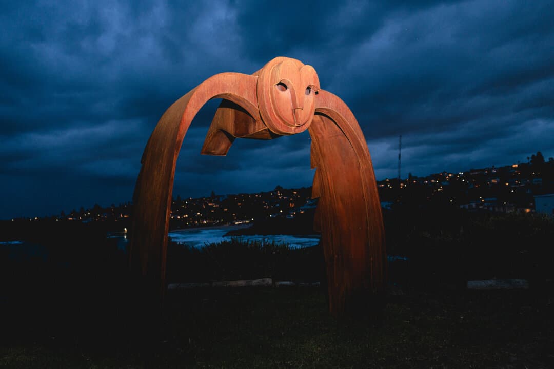 The sculpture "Silent Crossing" by Jimmy Rix is displayed during Sculpture by the Sea along Sydney's Bondi to Tamarama coastal walk in Sydney, Australia, on Oct. 16, 2026. The free outdoor exhibition features works by artists from around the world. (Jack Giam/Getty Images)