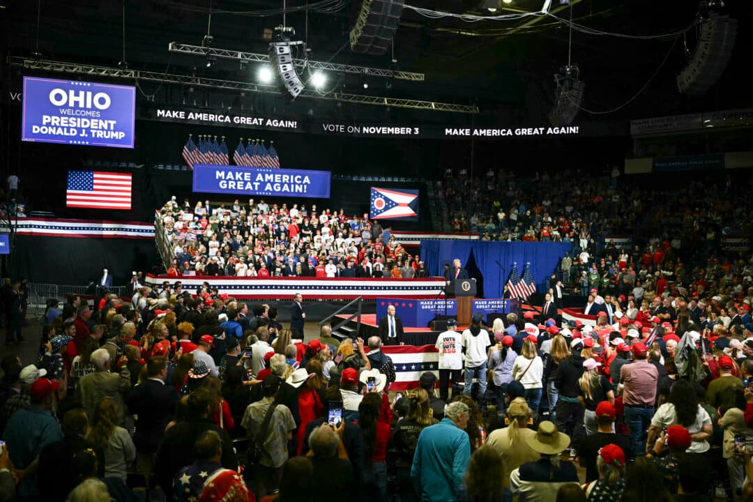 President Donald Trump speaks during a campaign rally at the Covelli Centre in Youngstown, Ohio, on Oct. 12, 2026. (Kent Nishimura/AFP via Getty Images)