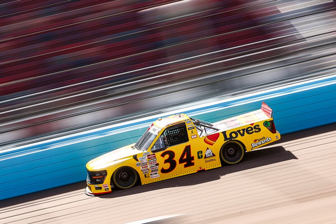 Layne Riggs, driver of the Love's Travel Stops Ford, drives during practice for the NASCAR Craftsman Truck Series Zero Carbon Bioethanol 150 Powered by POET at Phoenix Raceway in Avondale, Ariz., on Oct. 16, 2026. (Meg Oliphant/Getty Images)