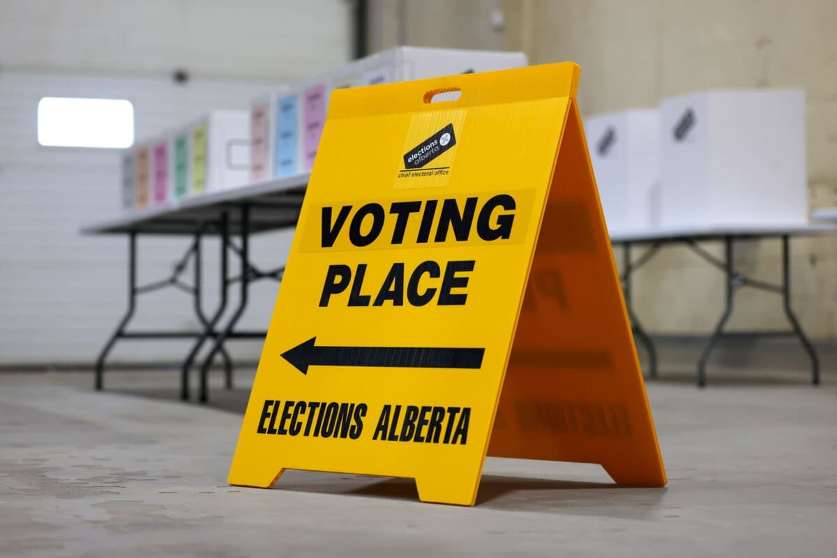A voting sign to be used for the 2026 Alberta Referendum in Edmonton, Alta., on Sept. 3, 2026. (The Canadian Press/James Maclennan)