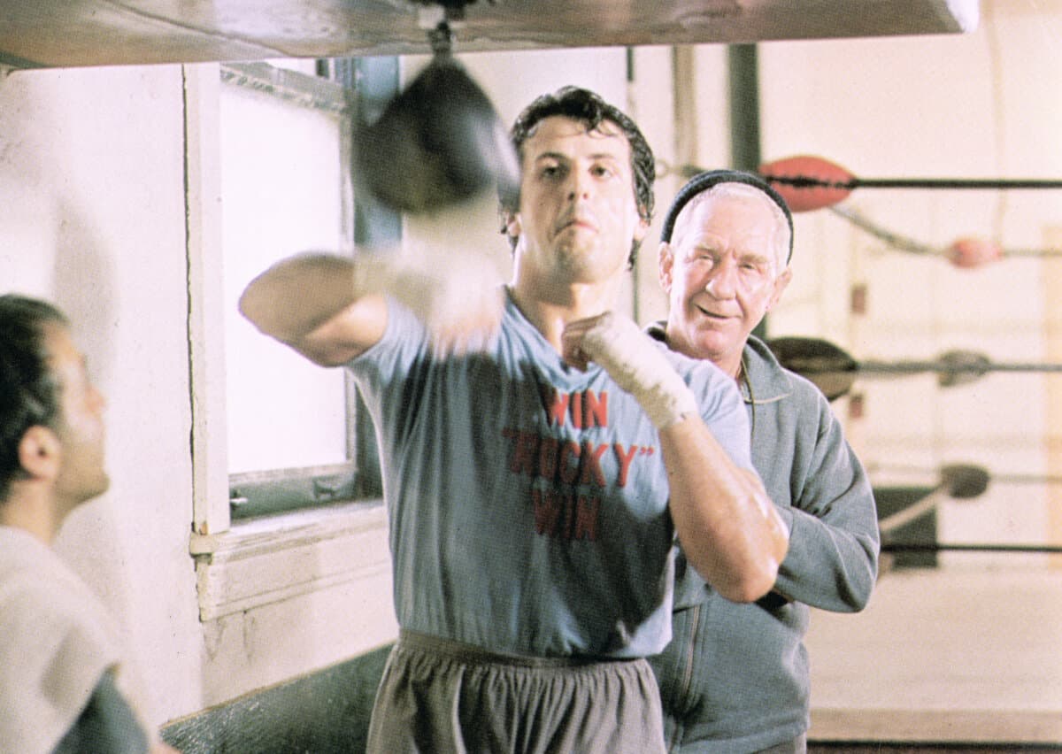 Rocky Balboa (Sylvester Stallone, L) and trainer Mickey Goldmill (Burgess Meredith), in "Rocky." (Metro-Golwyn-Mayer)