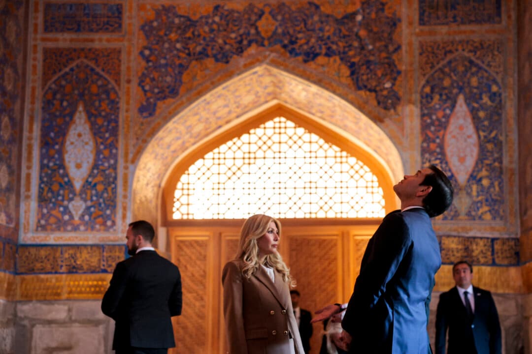 U.S. Secretary of State Marco Rubio and his wife Jeanette Dousdebes Rubio visit Registan Square in Samarkand, Uzbekistan, on Oct. 19, 2026. (Kylie Cooper/POOL/AFP via Getty Images)
