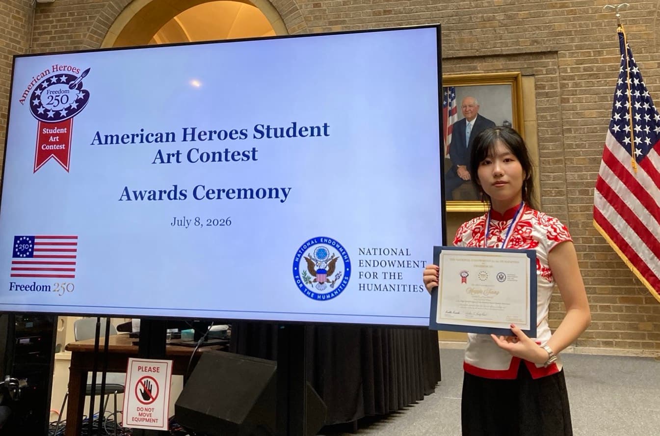 Maggie Jiang at the American Heroes Student Art Contest award ceremony at the Department of Agriculture in Washington on July 8, 2026. (Courtesy of Maggie Jiang)
