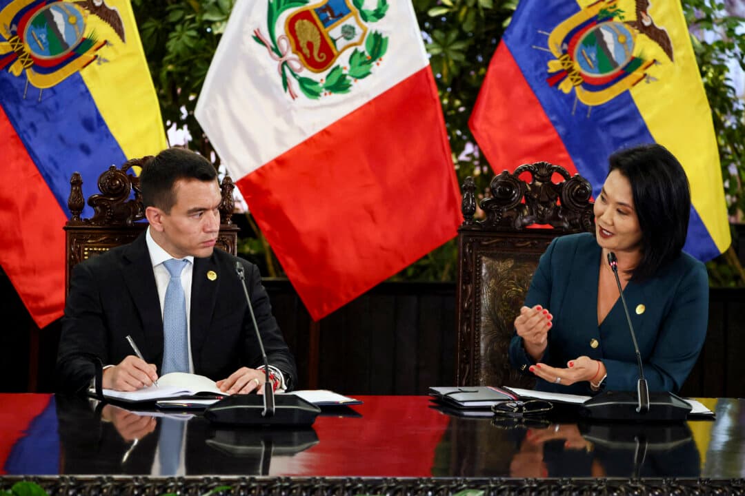Peru's President Keiko Fujimori (R) talks with Ecuador's President Daniel Noboa at the Government Palace in Lima, Peru, on Oct. 20, 2026, during the 17th Peru-Ecuador Binational Cabinet meeting. (Connie France/AFP via Getty Images)