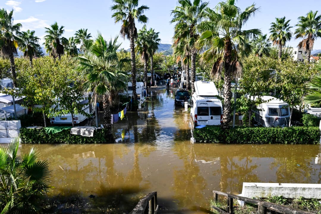 A flooded campsite following torrential downpours in Oliva, in Spain’s Valencia region, on Oct. 20, 2026. Heavy rainfall battered eastern Spain, causing severe flooding, inundating streets, and forcing many residents to remain indoors. (Jose Jordan/AFP via Getty Images)