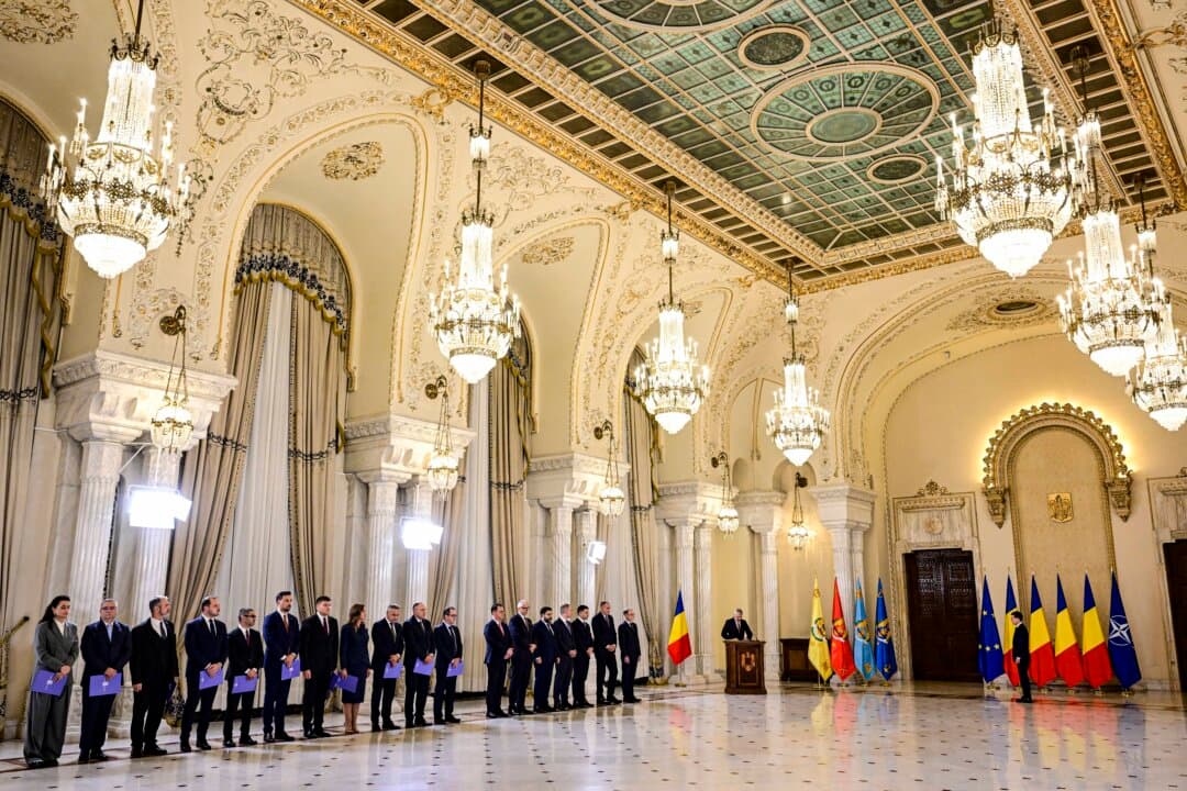 Romanian Prime Minister Luca Niculescu and members of his new government attend a swearing-in ceremony at Cotroceni Palace in Bucharest, Romania, on Oct. 20, 2026. (Daniel Mihailescu/AFP via Getty Images)
