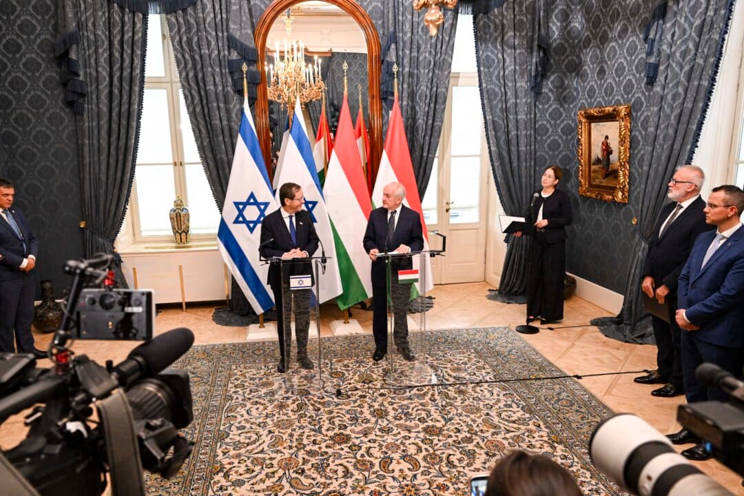Israeli President Isaac Herzog and Hungarian President Andras Baka address a press conference at Sandor Palace in Budapest, Hungary, on Oct. 20, 2026. Herzog was visiting Hungary for a one-day diplomatic visit and meet Prime Minister Peter Magyar. (Attila Kisbenedek/AFP via Getty Images)