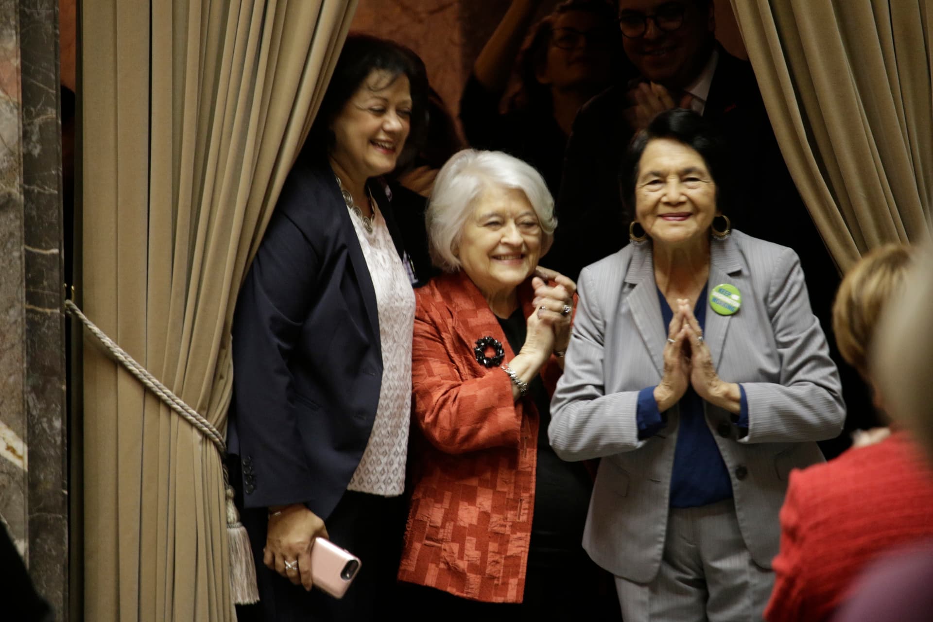 Dolores Huerta, far right, thanks senators after the unanimous vote to designate April 10 as "Dolores Huerta Day," in Olympia, Wash., on March 18, 2019. (AP Photo/Rachel La Corte)